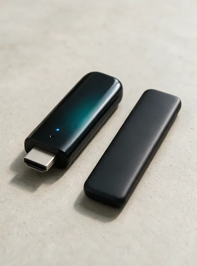 IPTV-App auf dem Fire TV Stick, daneben die Fernbedienung