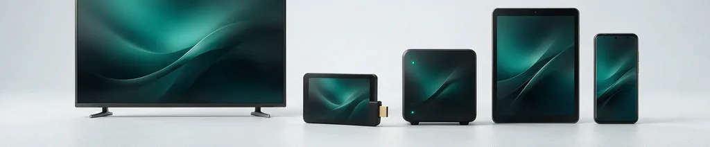 Fernseher, Streaming-Stick, Android-Box, Tablet und Smartphone nebeneinander
