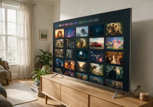 Senderliste und Filmauswahl der IPTV-App auf einem Smart-TV im Wohnzimmer